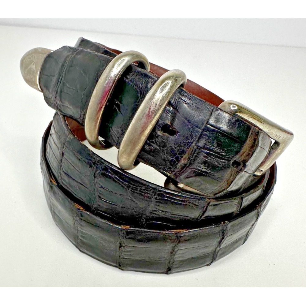 Bespoke Genuine Crocodile Black Leather belt Sz 38 Silver Tone Brass Buckle USA